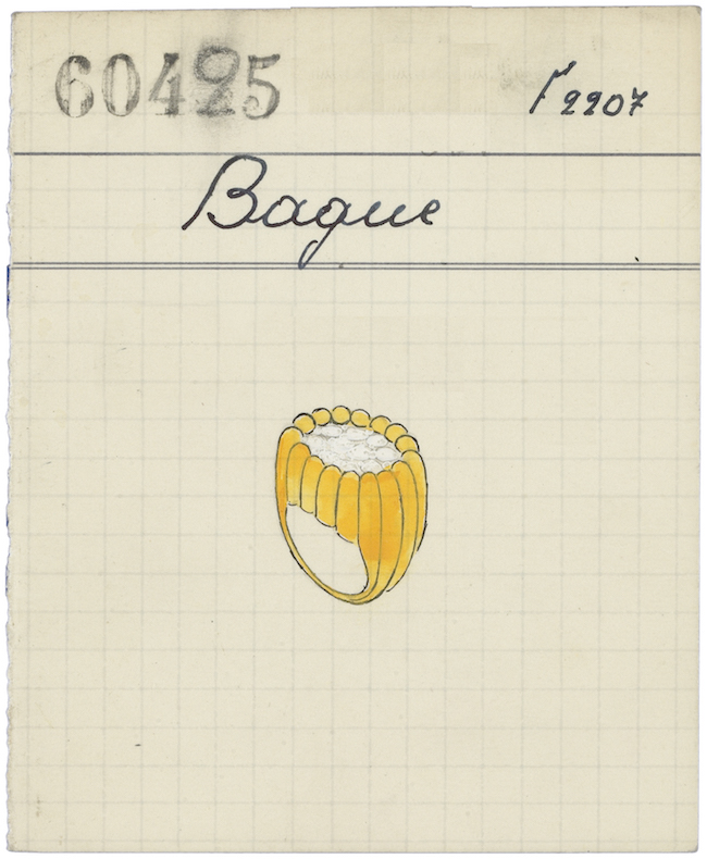 บัตรแสดงรายละเอียดของแหวนลัญจกร (Signet ring) ปี 1948 แผนกเก็บเอกสารสำคัญทางประวัติศาสตร์ของ Van Cleef & Arpels